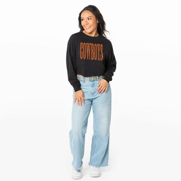 Women's ZooZatz Black Oklahoma State Cowboys Cropped Long Sleeve T-Shirt