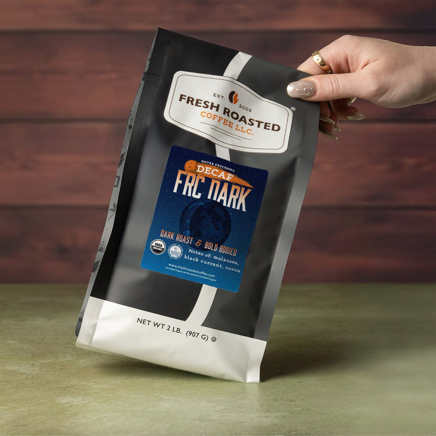 Fresh Roasted Coffee, Organic FRC Dark Decaf Coffee, Dark Roast, Whole Bean, 80 oz 5 lbs
