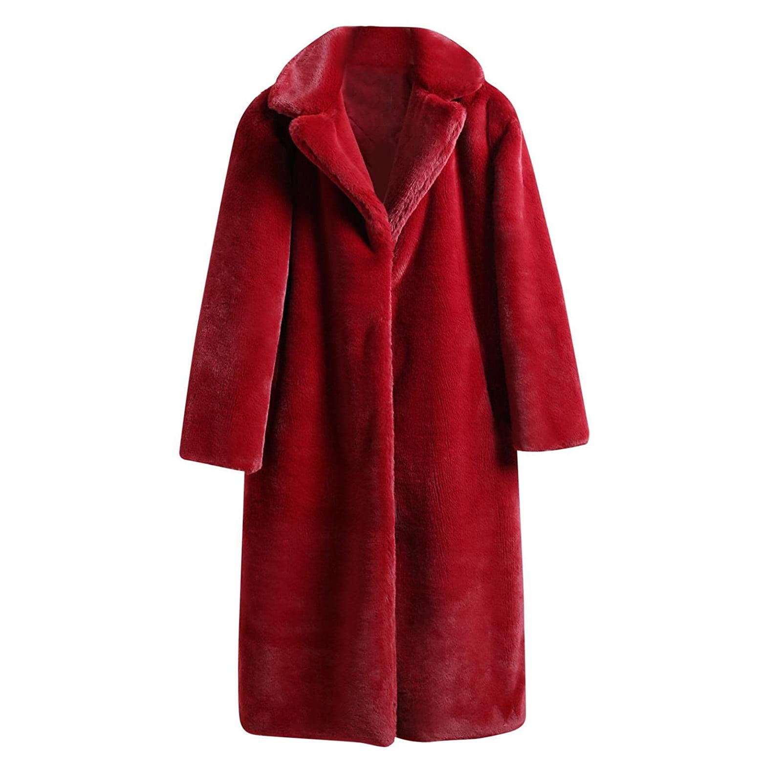 BiZtdJrK Daily Sales Womens Faux Fur Coat Winter Warm Thickened Trench Coats Plush Open Front Fleece Cardigan Jackets Solid Color Long Overcoat Red L