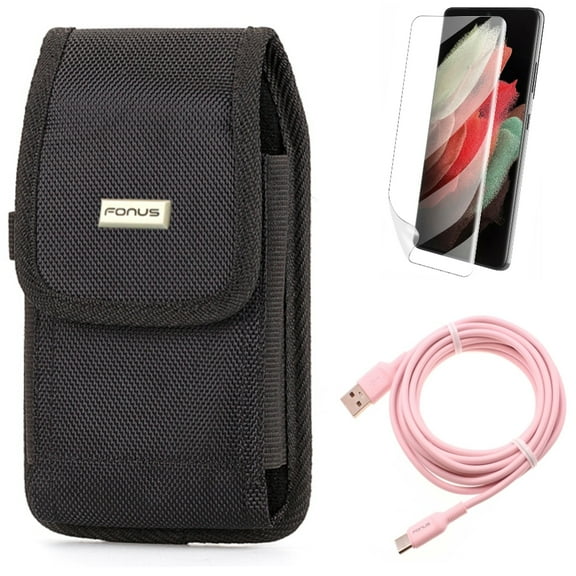 10ft Long USB-C Cable w Matte Screen Protector w Case Belt Clip for Samsung Galaxy S21 Plus - Pink Charger Cord, TPU Film Anti-Glare, Rugged Holster Accessory Bundle