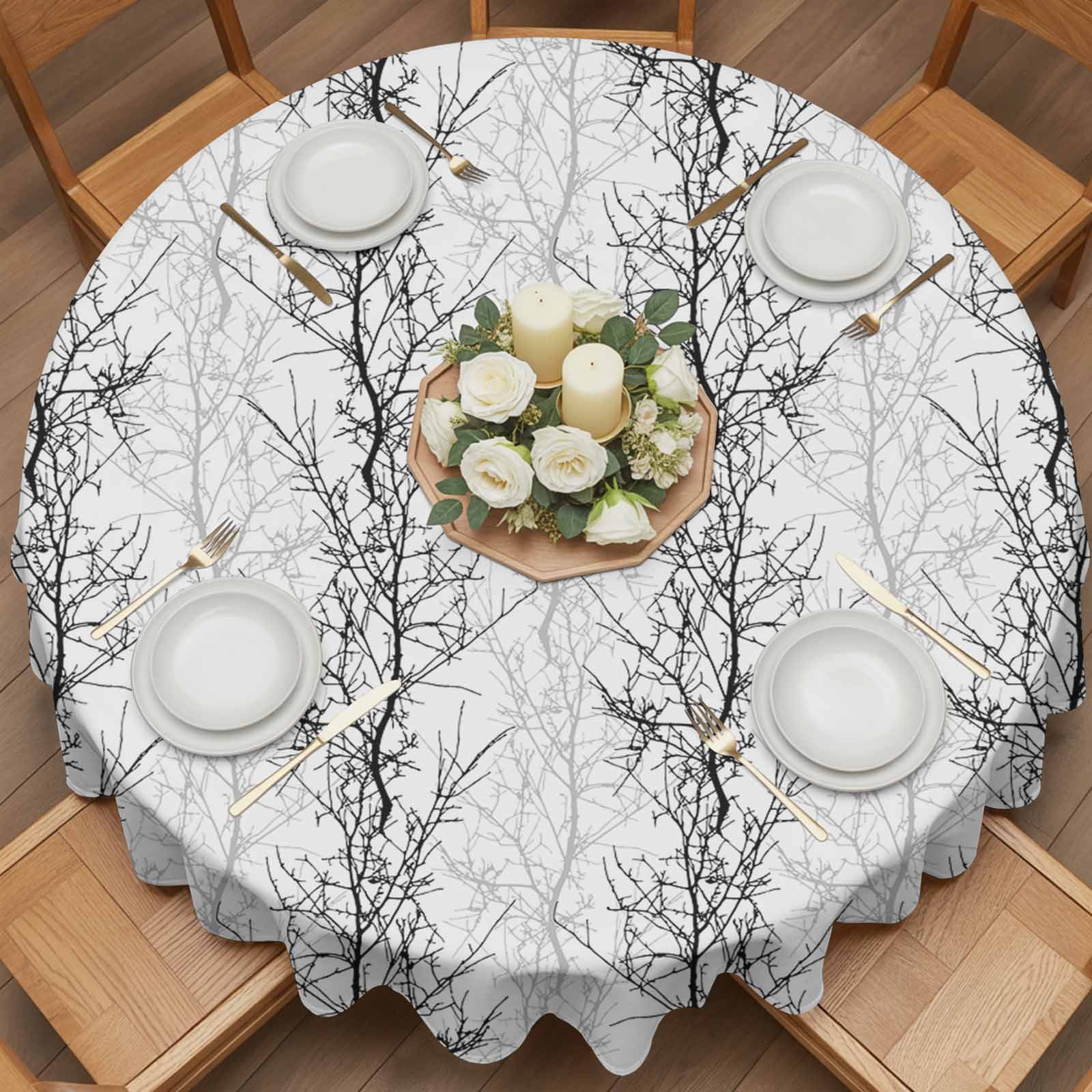 Round Tablecloth Black Grey Minimalist Tree Waterproof Oil Proof Polyester Table Cloth Cover Decor for Home Dining Outdoor,Patio,Parties, 60" Dia. Vintage Branch
