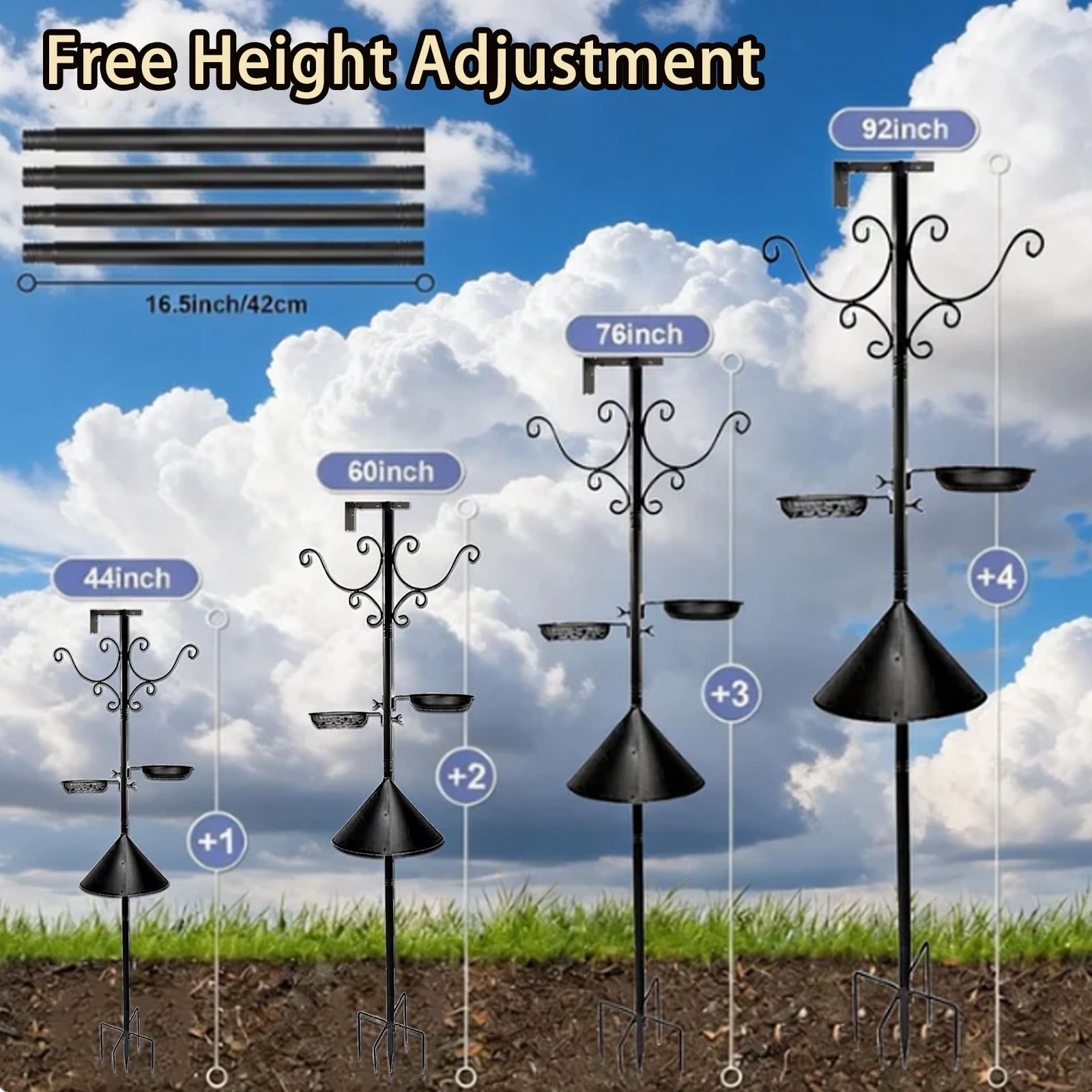 92 Inch Bird Feeder Pole Squirrel Proof, Heavy Duty Bird House Pole, Adjustable Bird Feeder Stand with 8 Shepherds Hooks, 2 Mental Trays