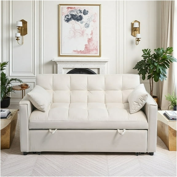 JERFIT 3-in-1 Convertible Velvet Sleeper Sofa Bed with Storage Pockets, Adjustable Backrest and Pillows for Living Room, Cream