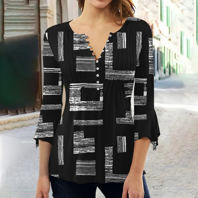 Hauts Décontractés pour Femmes Mode T-shirt d'Été pour Femmes à Col en V Manches 3/4 Imprimé Blouse Décontractée T-shirt pour Femmes Manches 3/4 en Liquidation