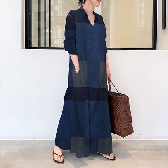 Ayolanni Long Sleeve Dresses for Women V Neck Formal A-Line Maxi Dresses Plaid Plus Size Flowy Work Long Dress Blue L