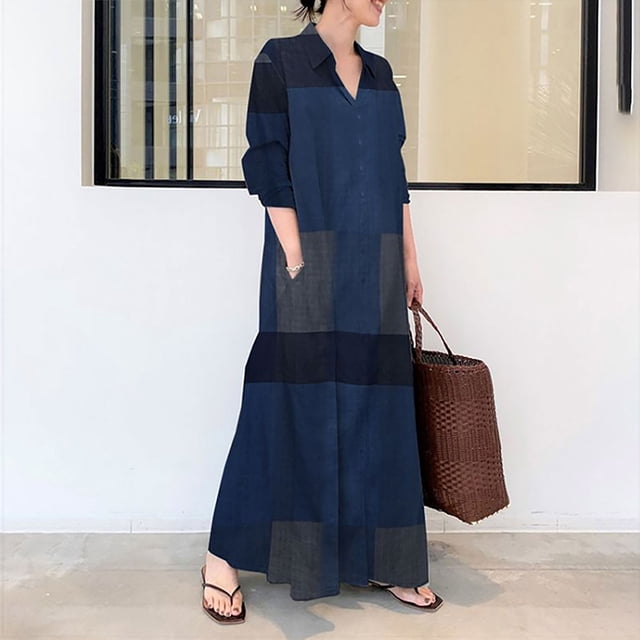 Longue Robe d'Été Chemise Robe Femme Longue Jupe Longue Manches Longues Poche Automne Printemps Chemise Col Robe Midi Manches Longues pour Femmes en Liquidation