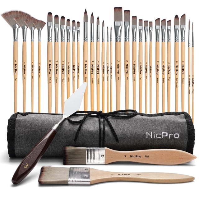 Set de Pinceles Nicpro 32 piezas para Acrílico, Óleo, Acuarela y Lienzo