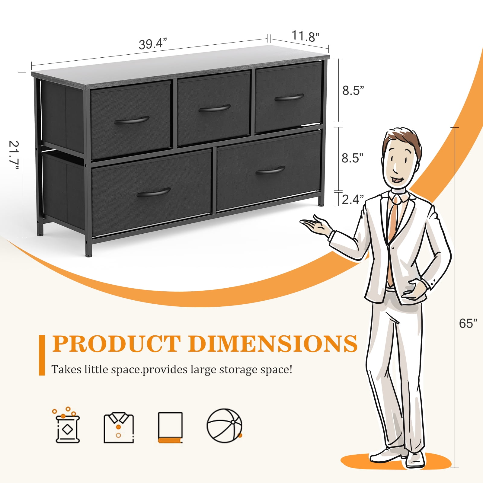 Aukfa 5 Drawer Dresser,Wide Chest of Drawers for Bedroom with Metal Frame for TV,Black