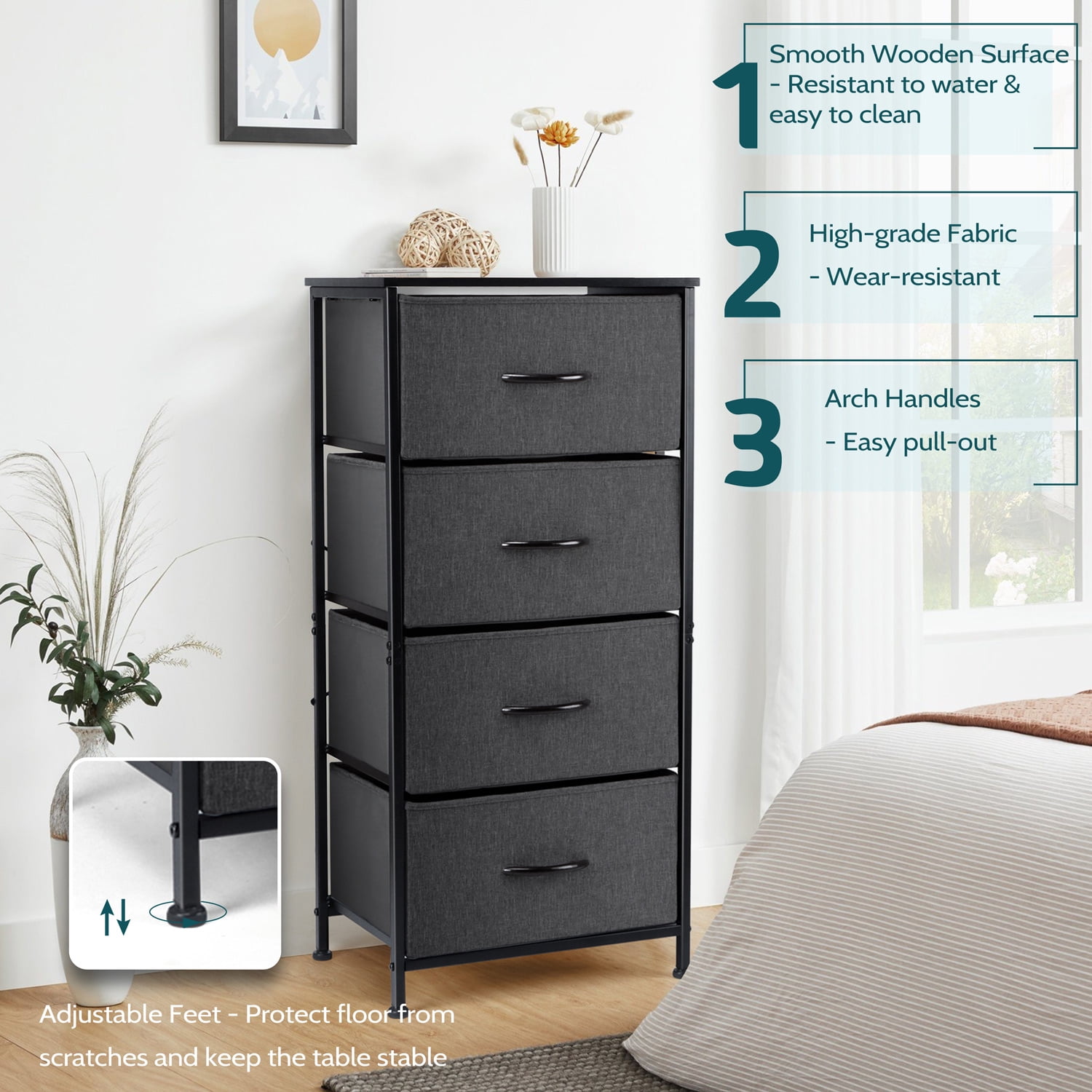 4 Drawers Dresser for Bedroom, Vesteel Fabric Chest of Drawers Tall Storage Tower with Wood Top and Sturdy Steel Frame, Storage Organizer Unit for Closet, Living Room, Hallway - Black