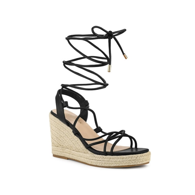 BLISSFUL STEP Sandales Compensées Espadrilles à Lacets pour Femmes à Plateforme, Talon, Noir 9