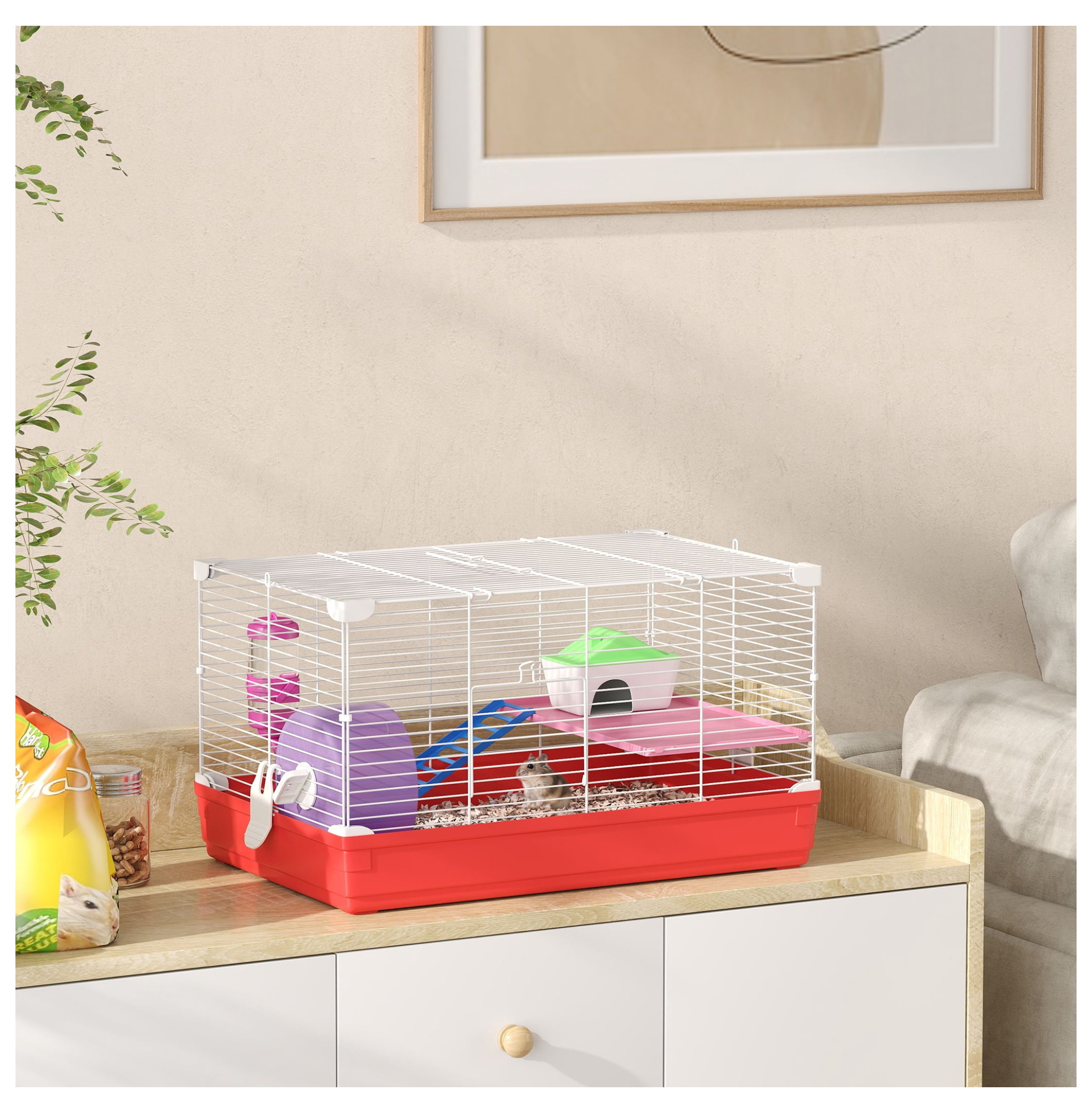 Hamster Cage 18.5", 2-Story Small Animal Habitat Kit - Wheel, Bottle, Dish, Rat House - Red