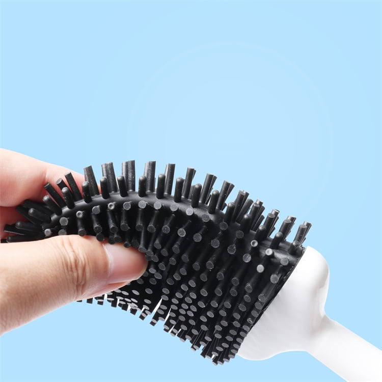 Bathroom Toilet Brush and Holder Set, Toilet Bowl Cleaner Bendable Tongue-Shaped Silicone Brush Head Anti Splash Bristles, Self Closing Quick Drying Holder in White