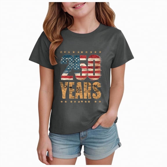 kpoplk Girl American Flag Shirts Tshirt 4th of July Shirt Cotton Short Sleeve Tees(Grey,11-12 Y)