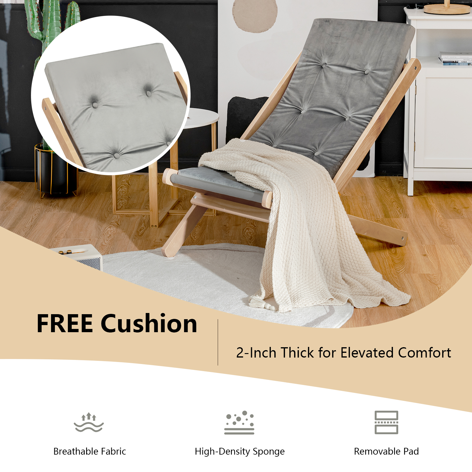 Topbuy Foldable Wood Beach Sling Chair with 3 Adjustable Positions Indoor Living Room Chaise Lounge Grey - image 2 of 8