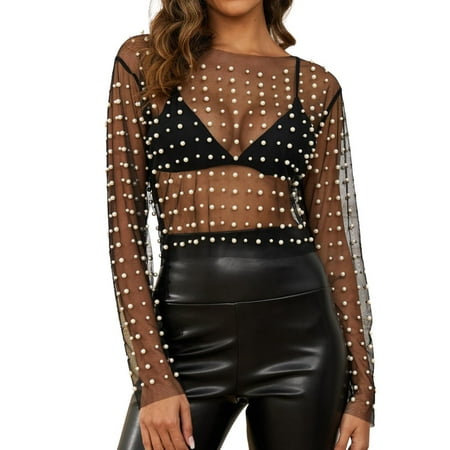 Upioiwer Women Pearl Rhinestone Sheer Kimono Cover Up Mesh Crop Top Sexy Swim Pants Cover Up See Through Long Sleeve Feeding Cover Up for Mom Slim Fit Cropped Blouse Shirt Clubwear Clear M