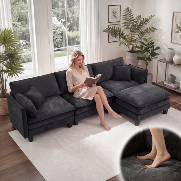 108" Sectional Sofa, L Shaped Modular Cloud Couch with Movable Ottoman, Comfy Deep Seat Chenille Fabric Sofa for Living Room, Apartment - Black