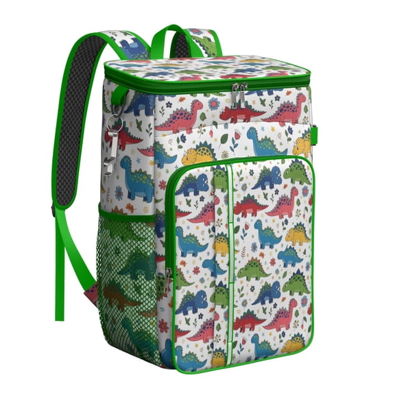 Travel Cooler Bag - White Cartoon Dinosaurs Flowers Pattern Camping Beer Cooler Backpack with Bottle Opener- Waterproof Insulated Picnic Backpacks - Cooler Bag for Beach