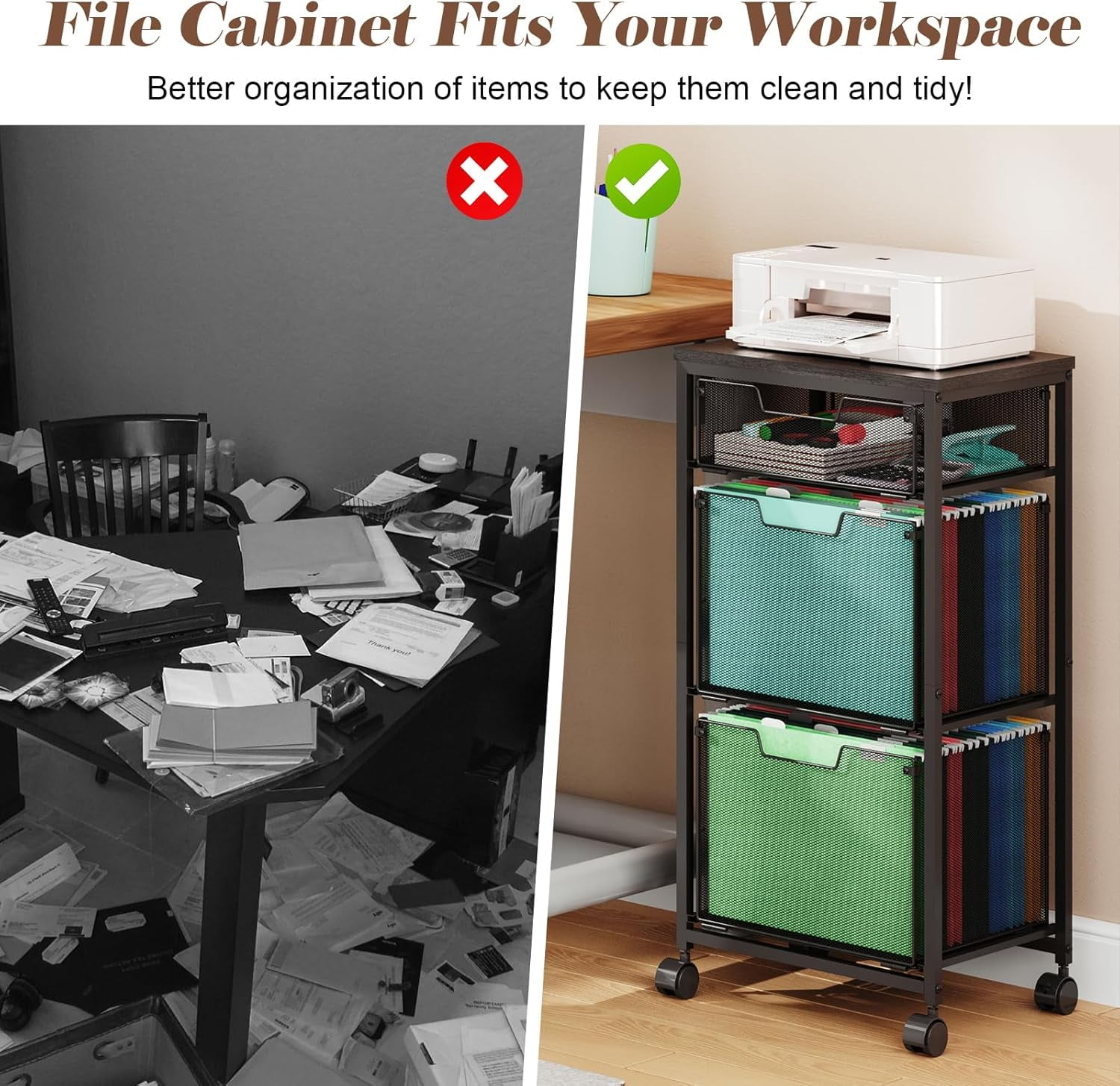 X-COSRACK 3-Drawer Mobile File Cabinet with Mesh Drawers, Wood Top Rolling Printer Stand for Home Office, Letter Size Hanging File Folder Organizer Cart on Lockable Wheels, Black