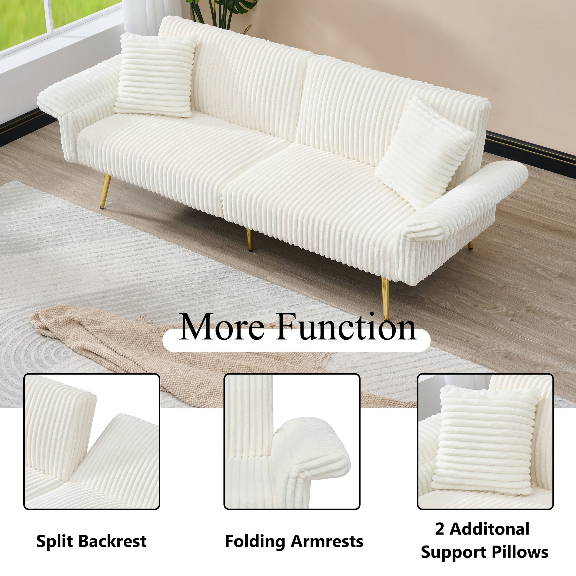 79 inch Convertible Folding Futon Sofa Bed Sleeper Couch for Living Room Corduroy Upholstered Recliner Loveseat Lounge wtith Adjustable Armrests,2 Throw Pillows,White