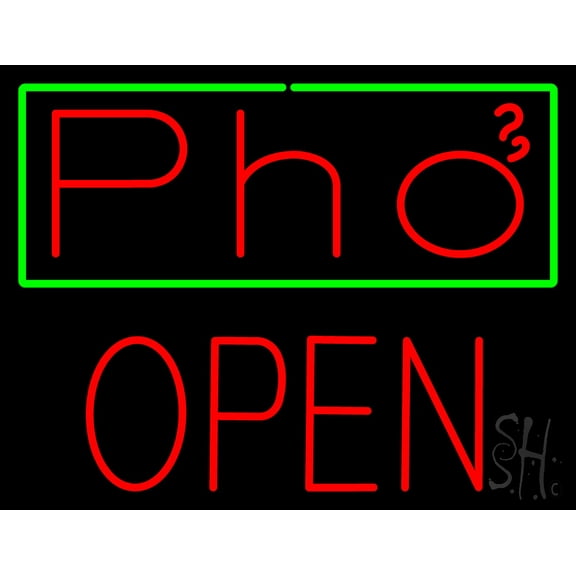Pho with Green Border Block Open LED Neon Sign 24 x 31 - inches, Black Square Cut Acrylic Backing, with Dimmer - Bright and Premium built indoor LED Neon Sign for restaurant window and interior decor.