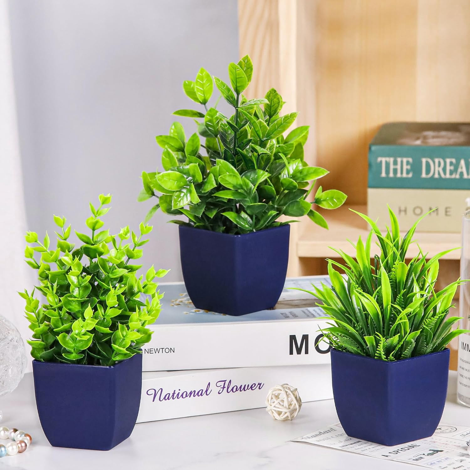 4 Pack Fake Plants Small Artificial Plants in Blue Pots Faux Plants Indoor for Home Room Bathroom Living Room Decor