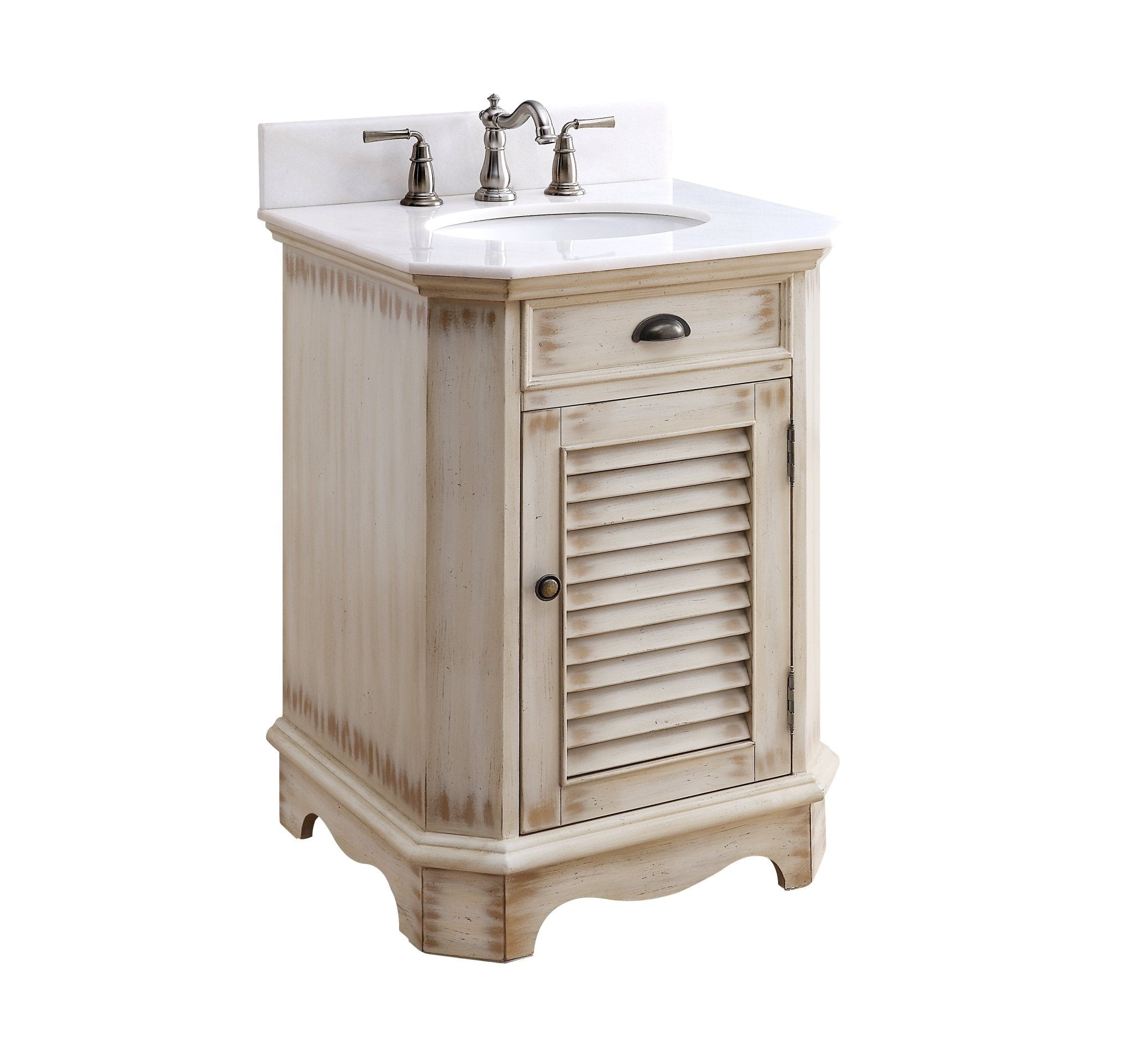 Benton Collection 24" Distressed Beige Farmhouse Bathroom Vanity with White Marble Top