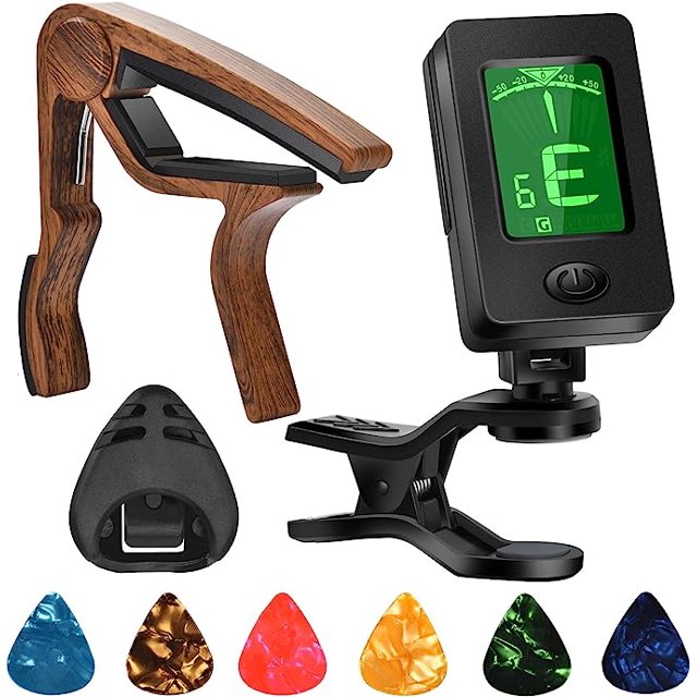 Capo de guitarra, púas de guitarra, accesorios de guitarra con afinador de guitarra, capo para guitarra acústica, bajo, sin zumbidos, liberación rápida, afinador de guitarra con clip para guitarra, violín, bajo, ukelele cromático, palisandro Kuyhfg Bienvenido a Kuyhfg