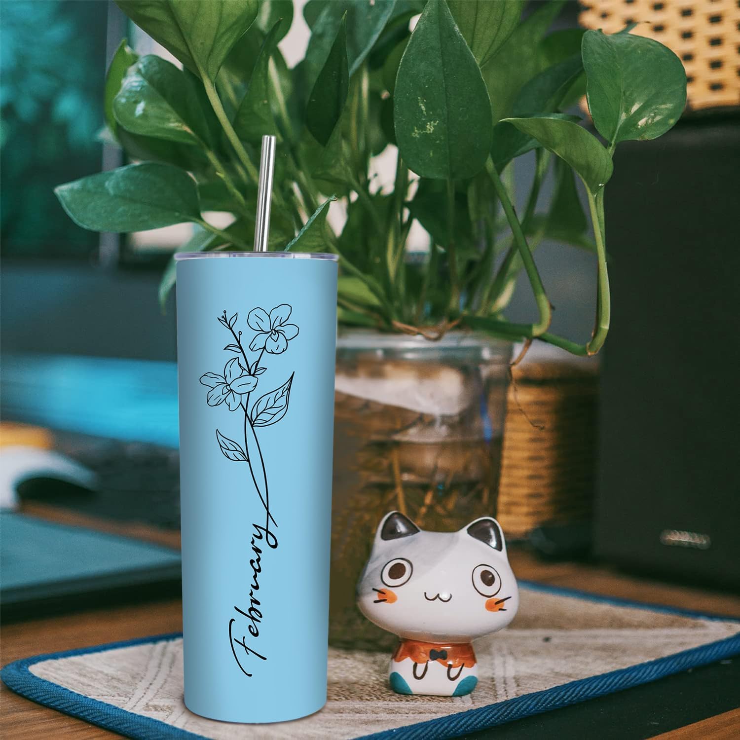 Personalized Birth Flower Tumbler Set Of 5 - 20oz Skinny Stainless Steel Travel Mug With Custom Name & Title, Vacuum Insulated