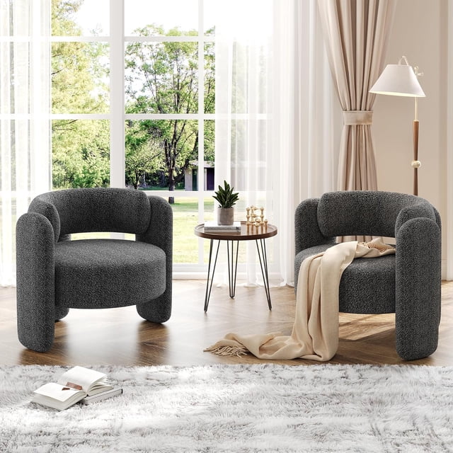 Fauteuil d'Appoint Moderne en Chenille, Ensemble de 2, Fauteuil de Salon Rembourré Style Mi-Siècle, Fauteuil Confortable à Accoudoirs Ronds avec Dossier Ouvert, Coin Rond, Fauteuil de Détente pour Chambre/bureau/café, Gris Foncé