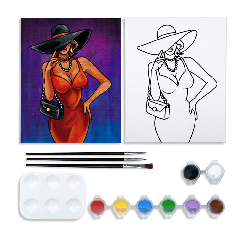 VOCHIC Pre Drawn Paint Canvas Kit for Painting for Adults, DIY Adult Sip  and Paint Party Favor,Elegant Lady Paint 8x10 Canvas, 8 Acrylic Colors,3