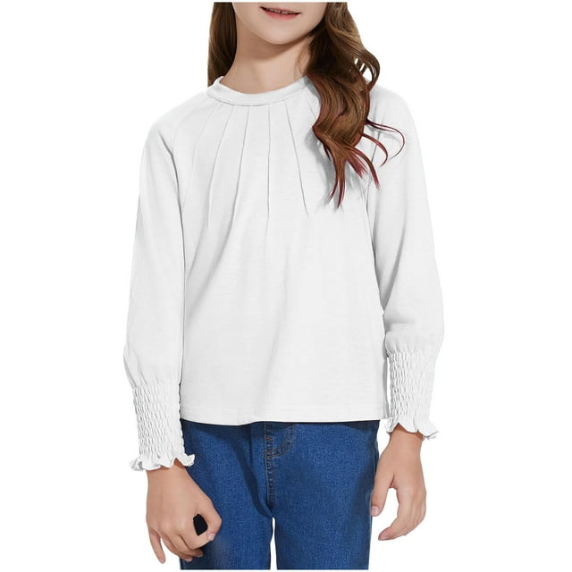 Posijego Chemises à Manches Longues pour Filles, Col Rond Plissé, Hauts à Capuche, Blouses Décontractées d'Été pour Filles