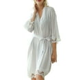 thumbnail image 3 of Arvbitana Women Cotton Solid Color 3/4 Sleeve Kimono Robes V-neck Sleepwear with Belt Lace Trim Satin Bathrobe Bridal Gown Summer Nightwear S M L, 3 of 4