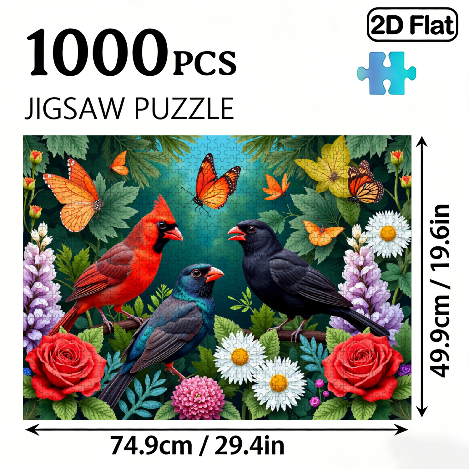 1000-piece horizontal paper jigsaw puzzle - lively birds and butterflies, with dimensions of 29.4*19.6 inches.