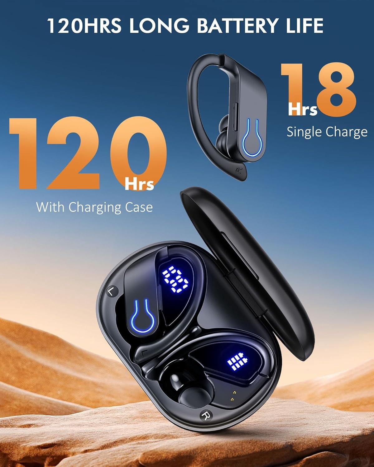 Wireless Bluetooth Earbuds 120H Playtime Bluetooth 5.4 Ear Buds for Sports, Hi-fi Stereo Earphones with LED Display Charging Case, Headphones for Running/Workout Audifonos Bluetooth inalambricos