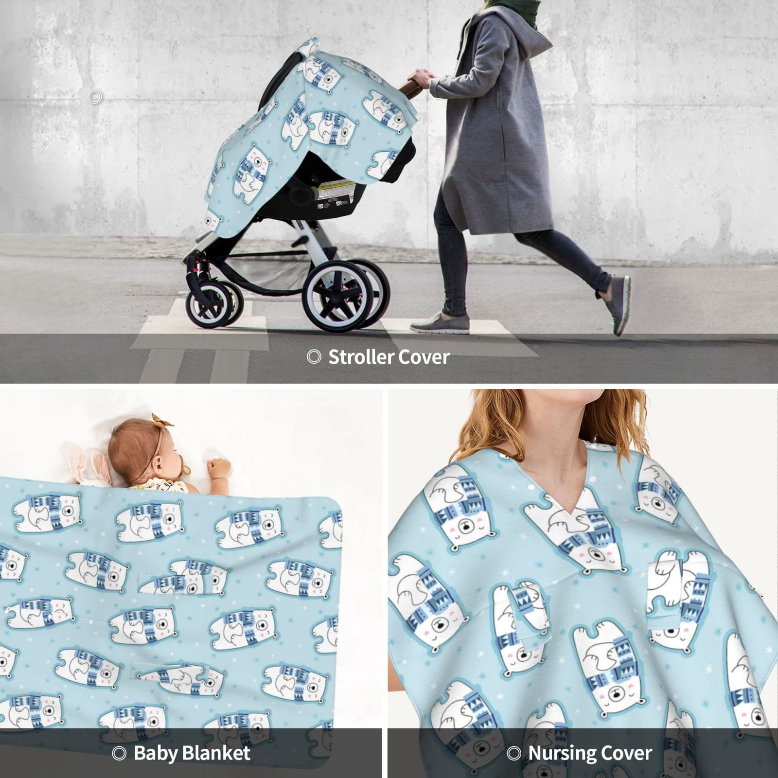 Car Seat Cover Baby - blue Scarf Bear Breathable Infant Car Seat Cover for Baby Carseat, Lightweight Comfort Baby Essentials Must Haves Newborn Stuff for Girl Boy