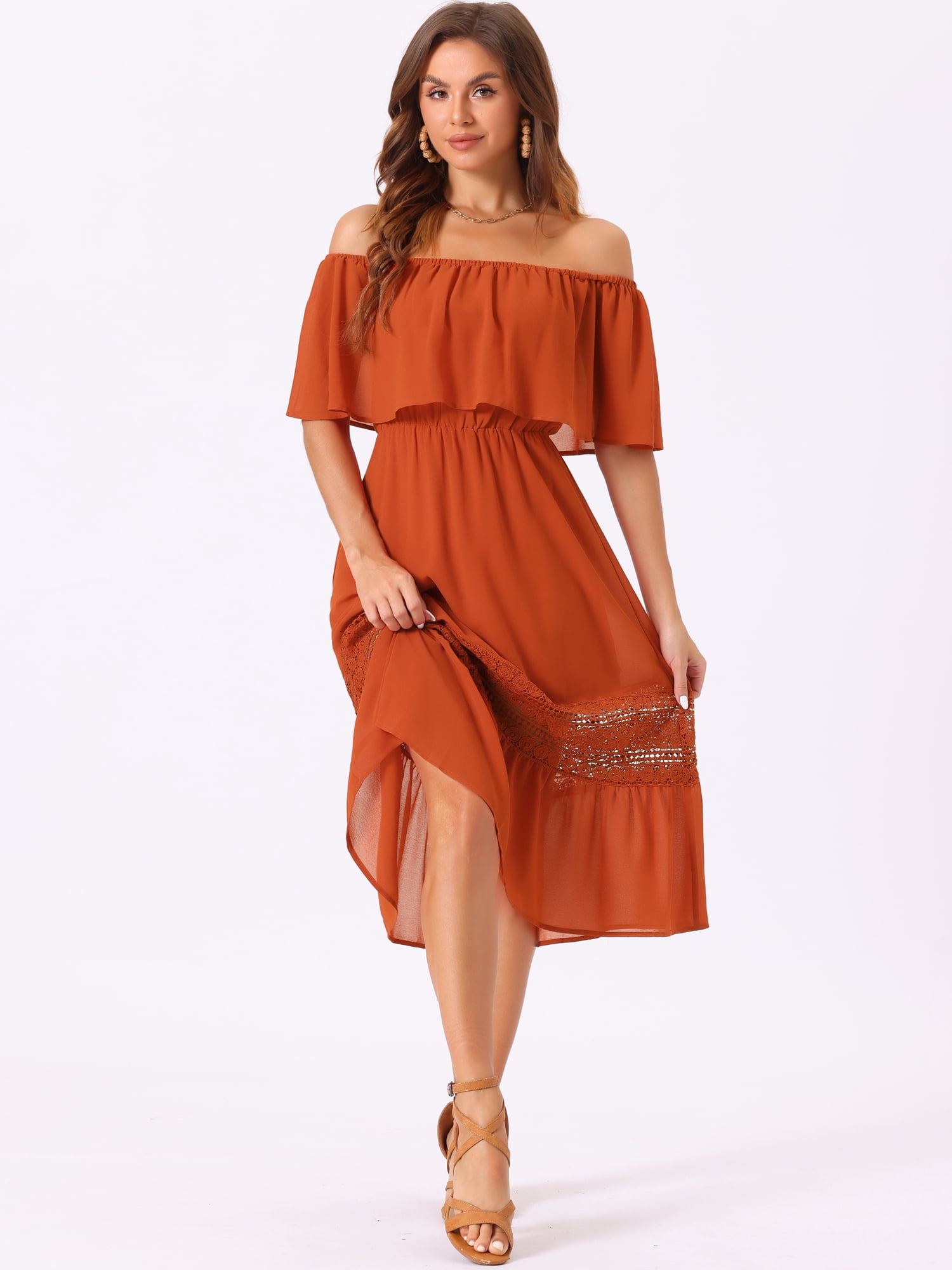 DARING DIVA Off Shoulder Flutter Sleeve Ruffle Lace Splicing Maxi Dress XS Burnt Orange