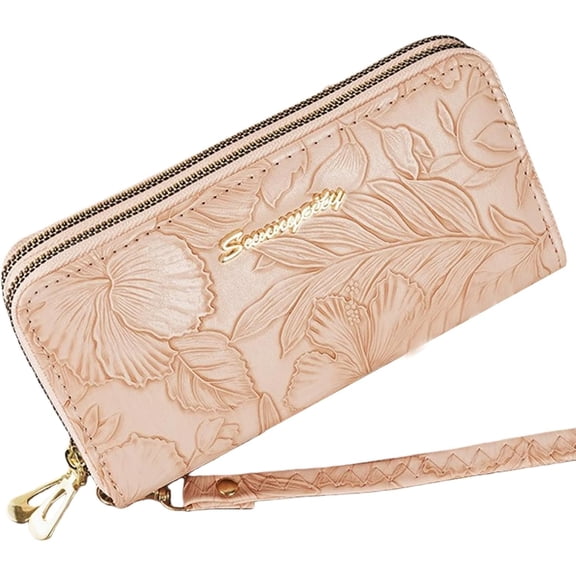 Womens Wallet Large Capacity Double Zip Ladies Card Phone Holder RFID Blocking Vegan Leather Floral Wristlet Clutch