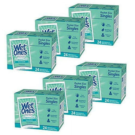 Wet Ones Sensitive Skin Hand and Face Wipes, Unscented, 24 Individually Wrapped Wipes (Pack of 6), Packaging May Vary
