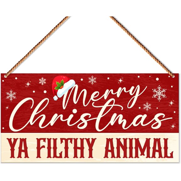 Wood Sign 10x5 Inch Funny Merry Christmas Wooden Signs Christmas Sign for Home Front Door Porch Living Room Indoor Xmas Holiday Decorations, Ya Filthy Animal