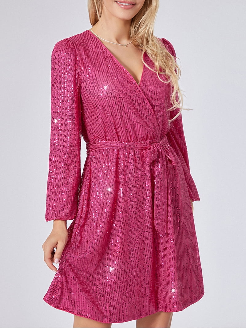 Wassery Women's Sequin Short Dress Long Sleeve Wrap V Neck Belted Glitter  Party Dress Fall A-Line Dress Streetwear Clubwear - Walmart.com