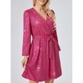 thumbnail image 4 of Diconna Robe Courte à Paillettes pour Femme, Paillettes, Manches Longues, Portefeuille, Col en V, Ceinturée, Robe de Fête, Robe Trapèze, 4 of 9