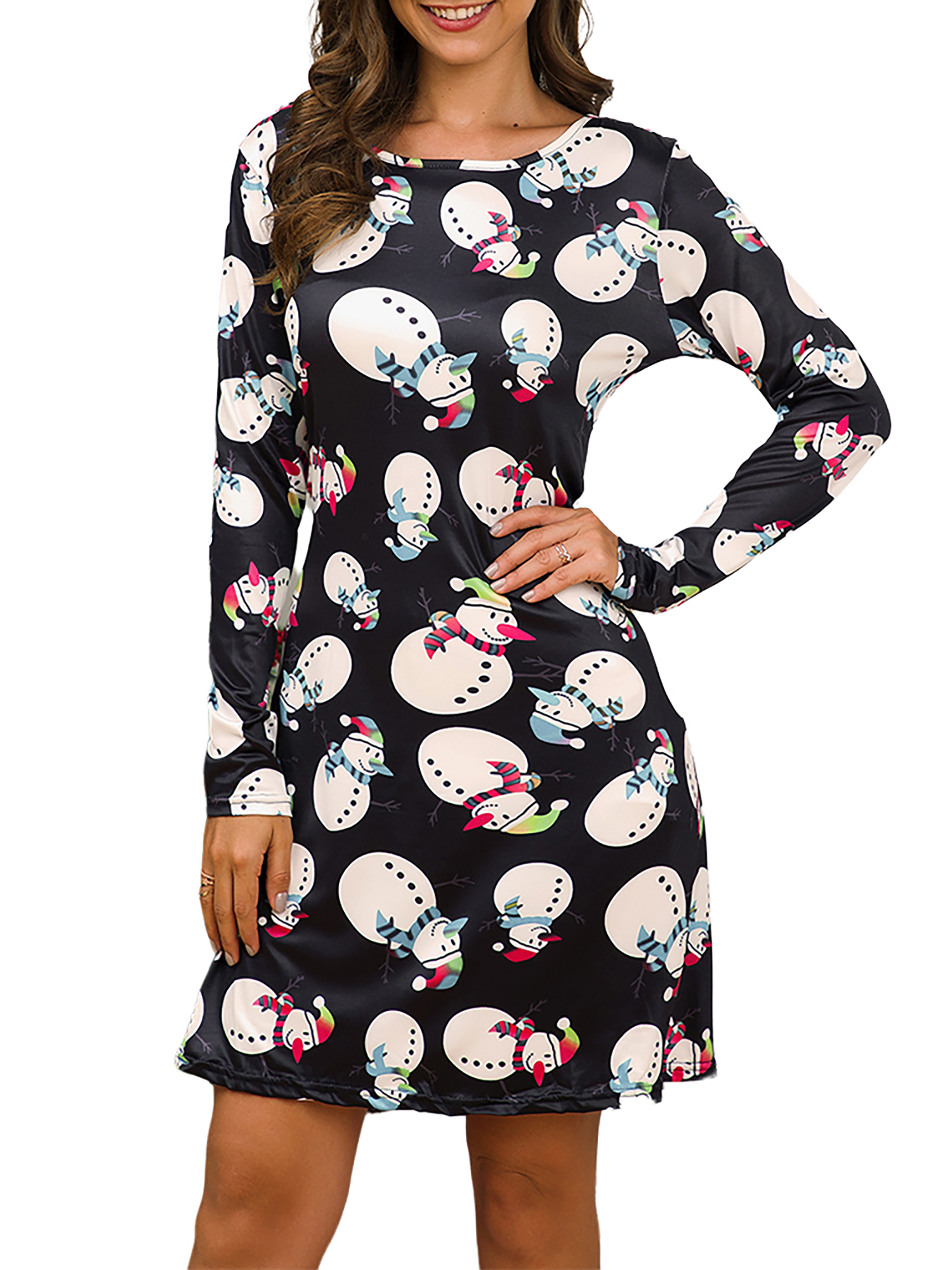 Julycc Womens Girls Christmas Xmas Party Swing Costume Long Sleeve Mini Dress