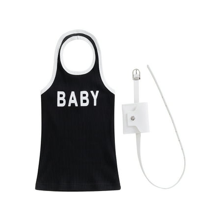 

Toddler Girls Summer Dress Casual Letter Print Ribbed Sleeveless Halterneck Dress and Leather Fanny Packs