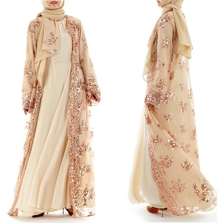 Muslim Women Lace Sequin Cardigan Maxi Dress