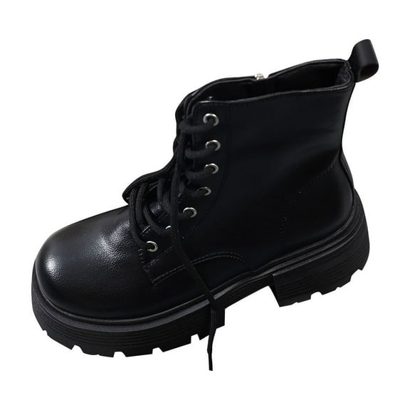 Wensltd Women's Boots Round Toe Chunky Heel Soft Retro Style Lace Up Shoes Black