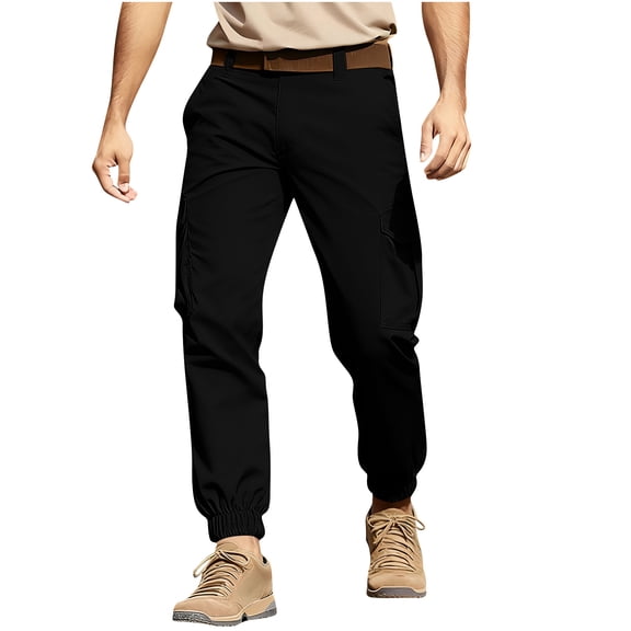 Men's Cargo Jogger Pants - Belted Waist for Outdoor Activities & Daily Wear Black M