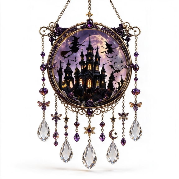 Halloween Crystal Wind Chime, Lightweight Acrylic Build, Silent Swaying Beads, Spooky Motif, Easy Window Wall Hanging (Castle)
