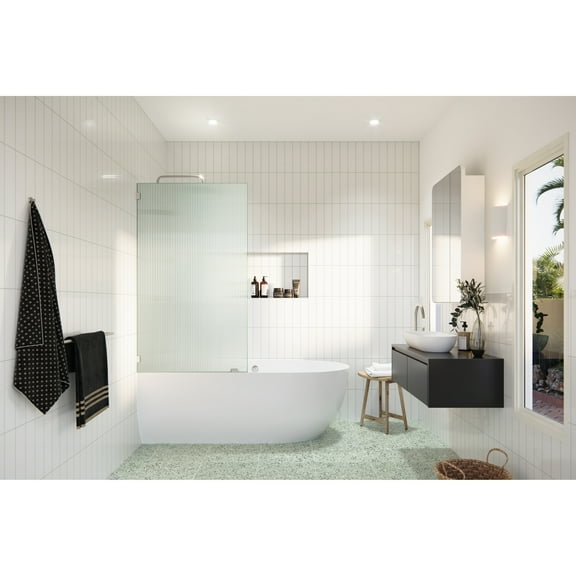 Glass Warehouse Gaia 30 in. x 58.25 in. Single Fixed Frameless Fluted Frosted Bath Panel Shower Tub Door Brushed Nickel Nickel Finish