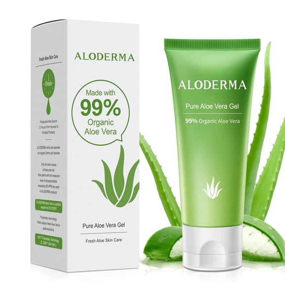 Aloderma 99% Organic Aloe Vera Gel, Made within 12 Hours of Harvest (1.5 oz), No Sticky Residue - No Powder Concentrates or Water, Eco-Friendly, Travel Size, Aloe Vera Gel for Skin & After Sun Relief