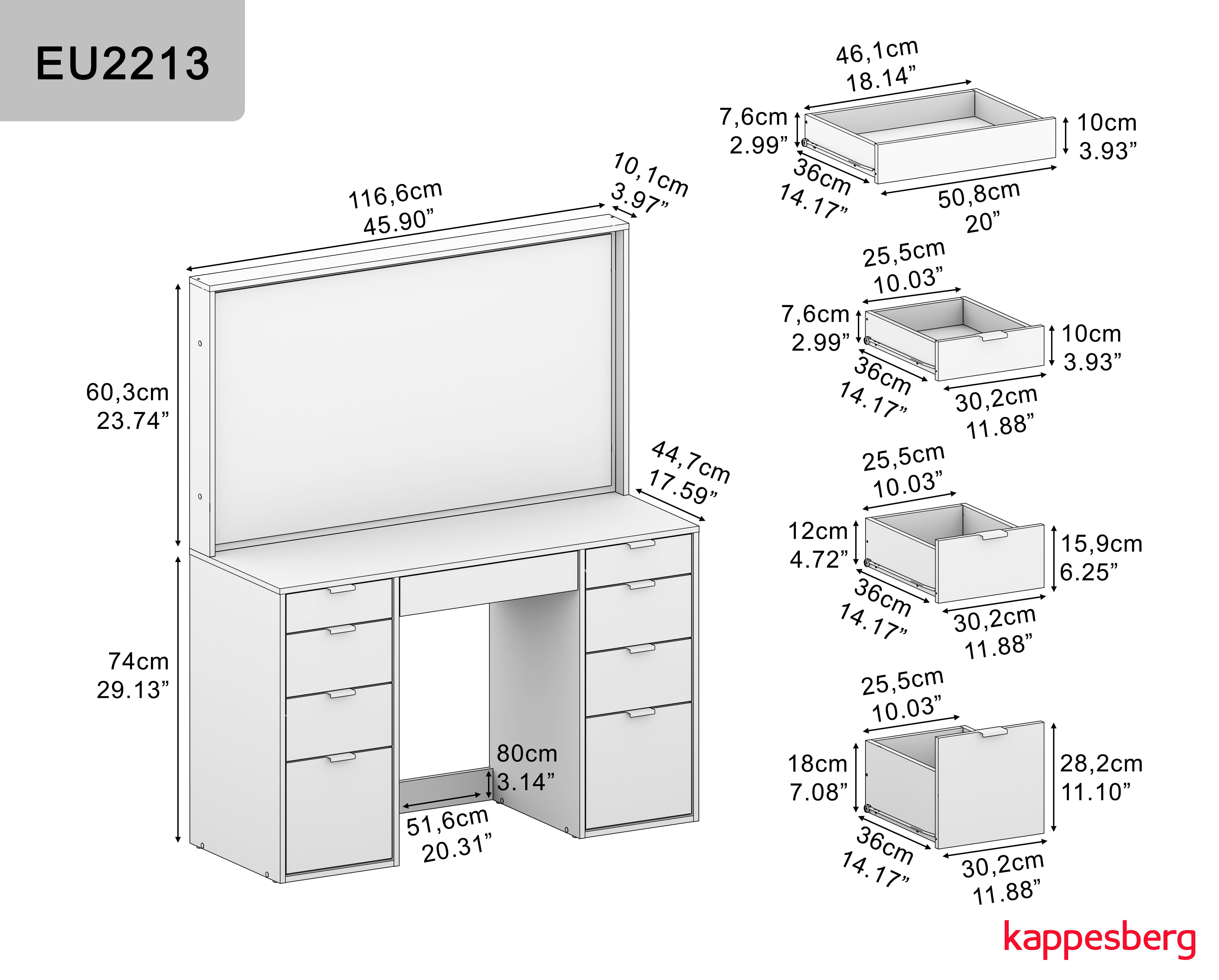 Kappesberg Mariannas 47" Wide White Makeup Vanity Table with Mirror and 9 Drawers